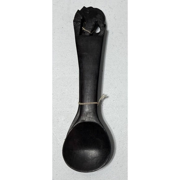Hand Carved Wooden Elephant Serving Salad Spoon & Fork 12" Set Dark Brown - Picture 1 of 12